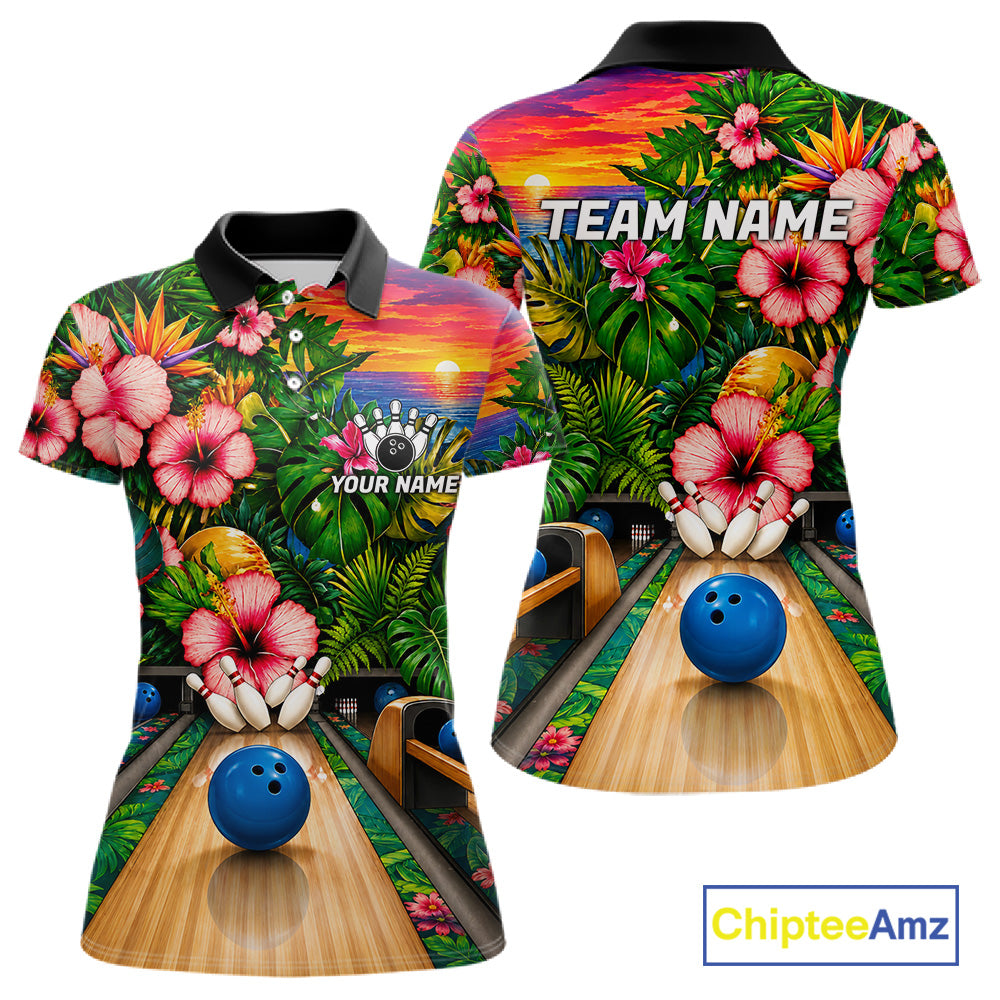 Monstera Women Bowling Polo Shirt Custom Summer Tropical Youth Bowling Shirts