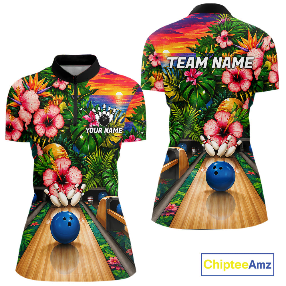 Monstera Women Bowling Quarter-Zip Shirt Custom Summer Tropical Youth Bowling Shirts