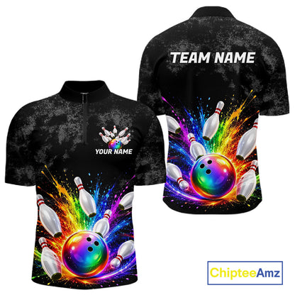 Rainbow Splatter Bowling Ball & Pins Shirt For Men Custom Colorful Paint Bowling Team Outfits NYN3283