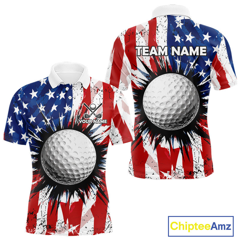 Men's patriotic grunge American flag golf polo shirt, custom UPF golf shirt, golf team apparel, USA golf clothing, performance golf polo