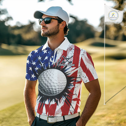 Male golfer wearing grunge American flag golf polo shirt, patriotic golf apparel, men's golf tournament clothing