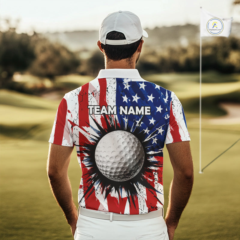 Male golfer wearing grunge American flag golf polo shirt, patriotic golf apparel, men's golf tournament clothing