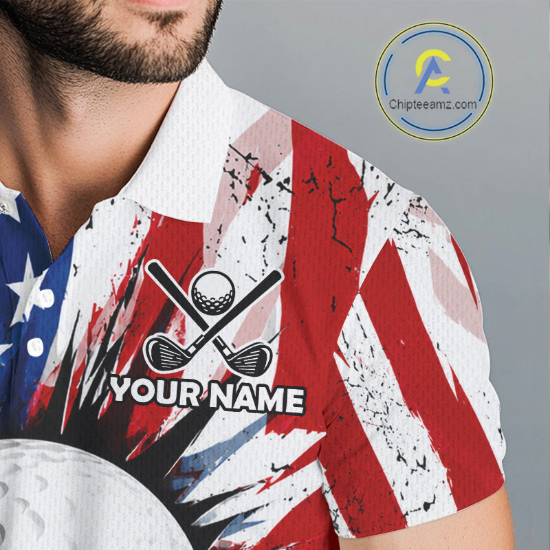Male golfer wearing grunge American flag golf polo shirt, patriotic golf apparel, men's golf tournament clothing