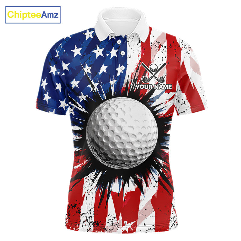 Men's patriotic grunge American flag golf polo shirt, custom UPF golf shirt, golf team apparel, USA golf clothing, performance golf polo