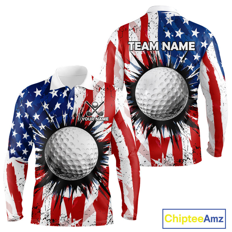 Men's patriotic grunge American flag golf long sleeves polo shirt, custom UPF golf shirt, golf team apparel, USA golf clothing, performance golf polo