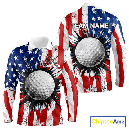 Men's patriotic grunge American flag golf long sleeves polo shirt, custom UPF golf shirt, golf team apparel, USA golf clothing, performance golf polo