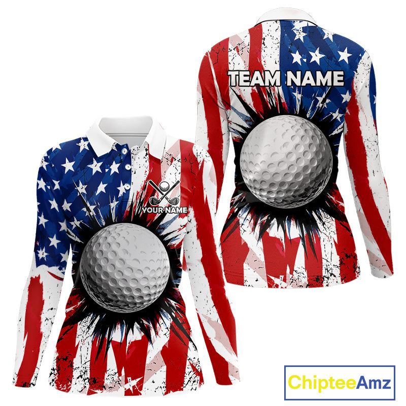 Women's patriotic grunge American flag golf polo shirt, custom UPF golf shirt, golf team apparel, USA golf clothing