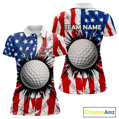 Women's patriotic grunge American flag golf polo shirt, custom UPF golf shirt, golf team apparel, USA golf clothing