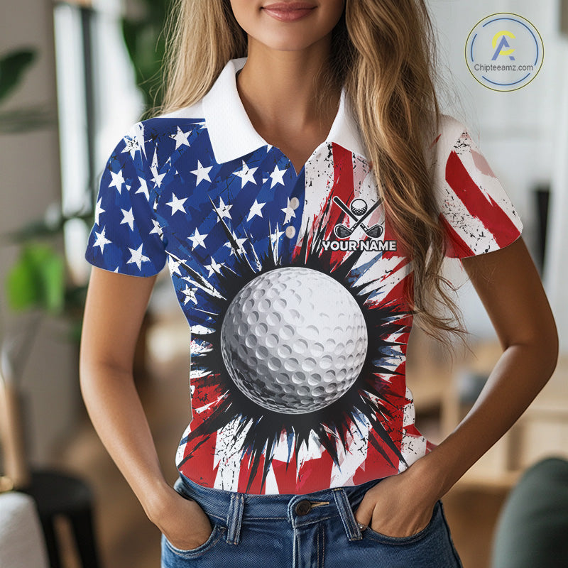 Female golfer wearing grunge American flag golf polo shirt, patriotic golf apparel, women's golf tournament clothing
