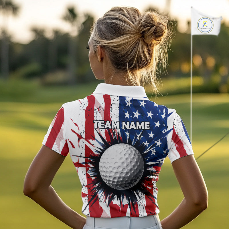 Female golfer wearing grunge American flag golf polo shirt, patriotic golf apparel, women's golf tournament clothing