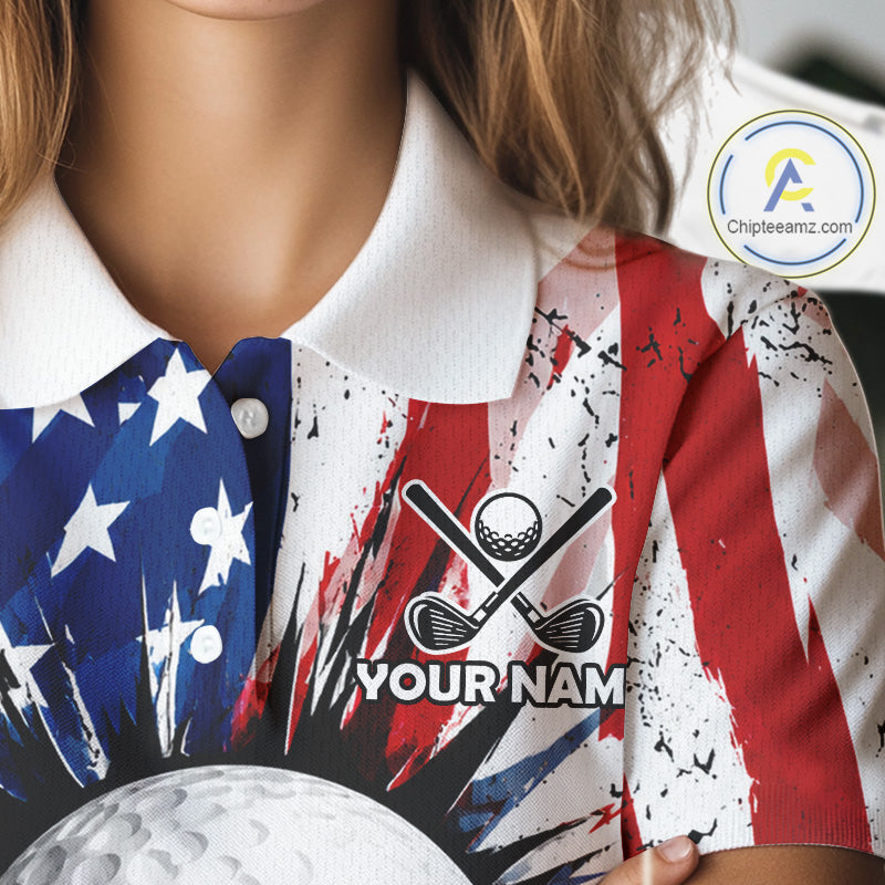 Female golfer wearing grunge American flag golf polo shirt, patriotic golf apparel, women's golf tournament clothing