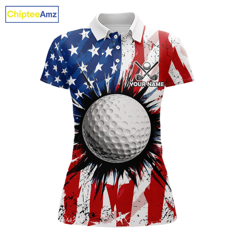 Women's patriotic grunge American flag golf polo shirt, custom UPF golf shirt, golf team apparel, USA golf clothing