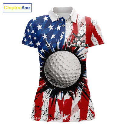 Women's patriotic grunge American flag golf polo shirt, custom UPF golf shirt, golf team apparel, USA golf clothing