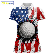 Load image into Gallery viewer, Women's patriotic grunge American flag golf polo shirt, custom UPF golf shirt, golf team apparel, USA golf clothing