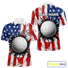Load image into Gallery viewer, Men's patriotic grunge American flag golf polo shirt, custom UPF golf shirt, golf team apparel, USA golf clothing, performance golf polo