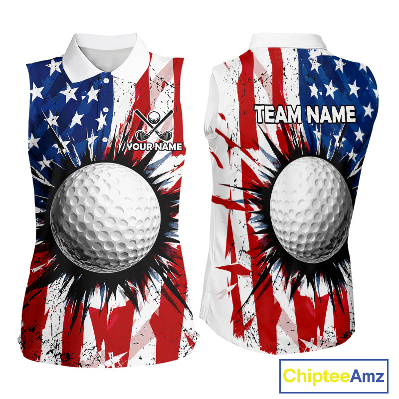 Women's patriotic grunge American flag golf polo shirt, custom UPF golf shirt, golf team apparel, USA golf clothing