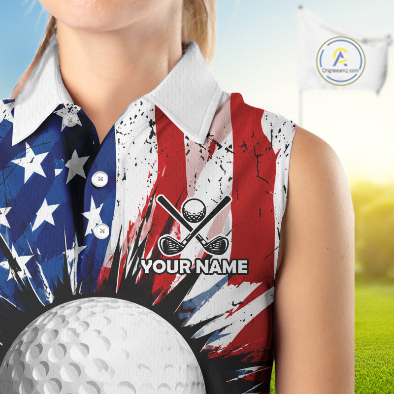Female golfer wearing grunge American flag golf polo shirt, patriotic golf apparel, women's golf tournament clothing