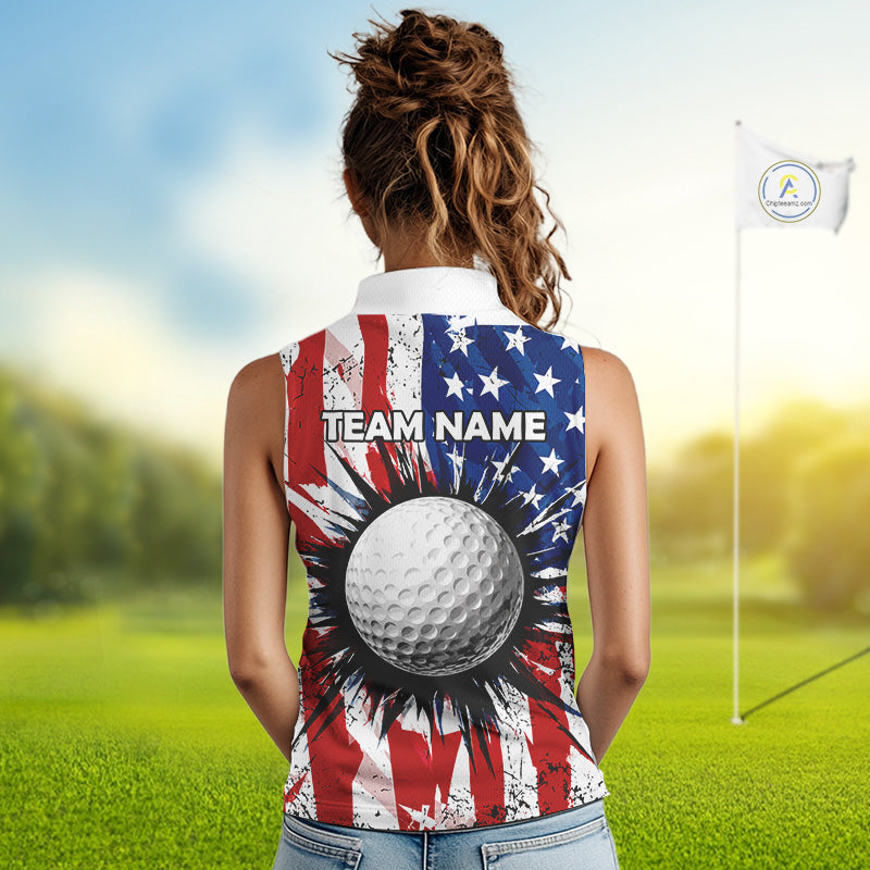 Female golfer wearing grunge American flag golf polo shirt, patriotic golf apparel, women's golf tournament clothing
