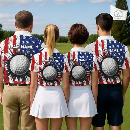 Men women golf team wearing matching patriotic grunge golf polo shirts, American flag golf uniforms, team golf apparel