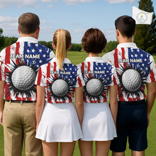 Load image into Gallery viewer, Men women golf team wearing matching patriotic grunge golf polo shirts, American flag golf uniforms, team golf apparel