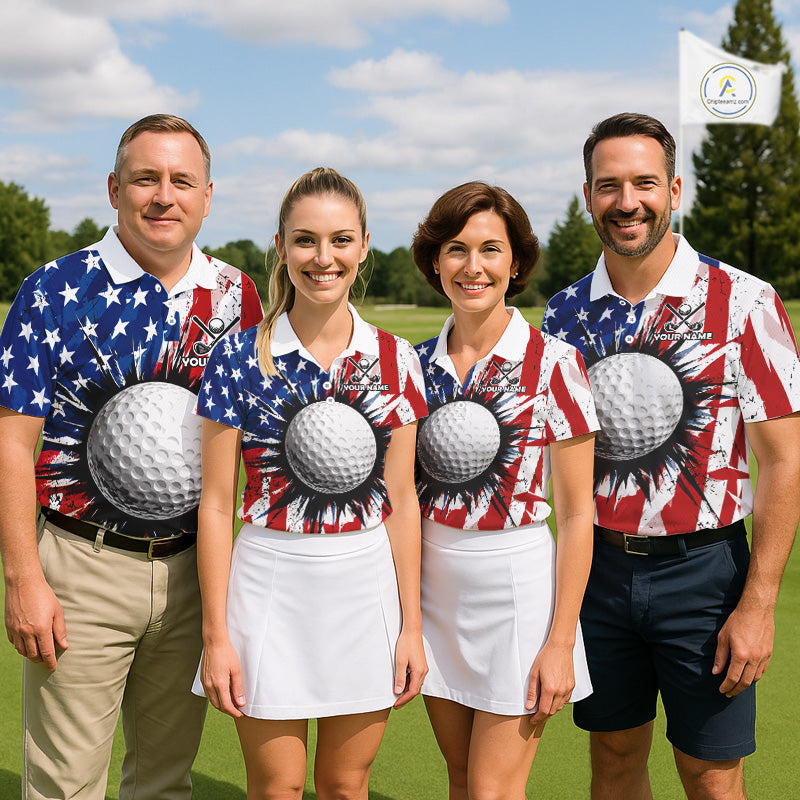 Men women golf team wearing matching patriotic grunge golf polo shirts, American flag golf uniforms, team golf apparel