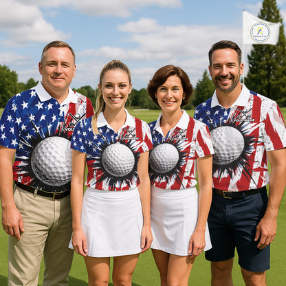 Men women golf team wearing matching patriotic grunge golf polo shirts, American flag golf uniforms, team golf apparel