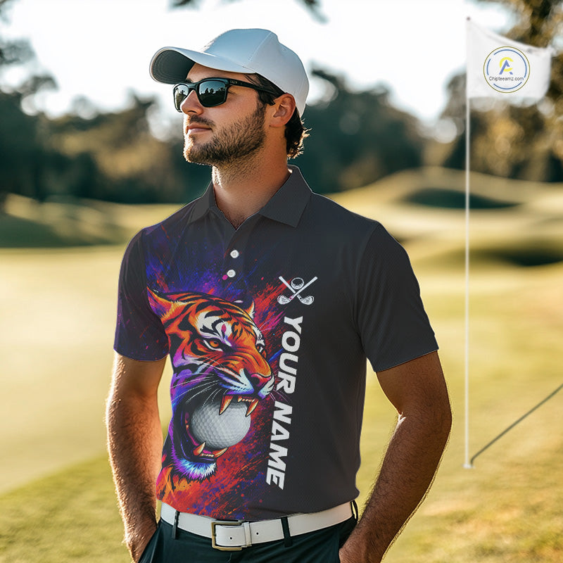 Male golfer wearing colorful tiger golf polo shirt, artistic splatter golf apparel, men's golf outfit