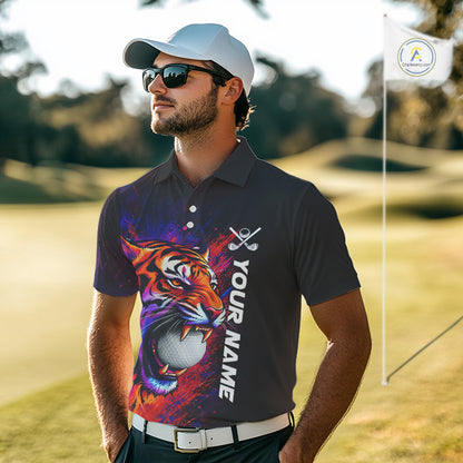 Male golfer wearing colorful tiger golf polo shirt, artistic splatter golf apparel, men's golf outfit