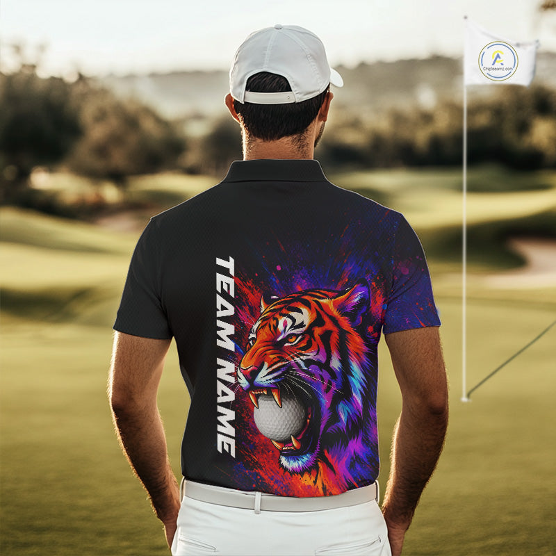 Male golfer wearing colorful tiger golf polo shirt, artistic splatter golf apparel, men's golf outfit