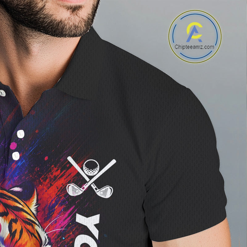 Male golfer wearing colorful tiger golf polo shirt, artistic splatter golf apparel, men's golf outfit