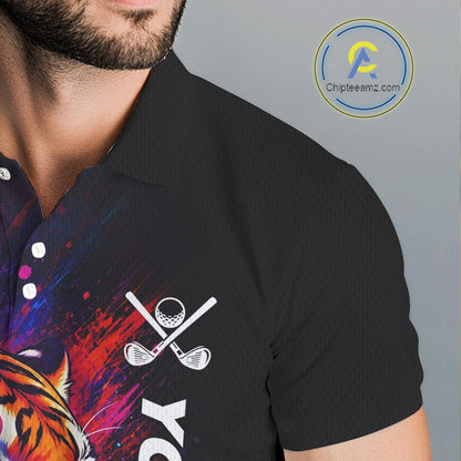 Male golfer wearing colorful tiger golf polo shirt, artistic splatter golf apparel, men's golf outfit