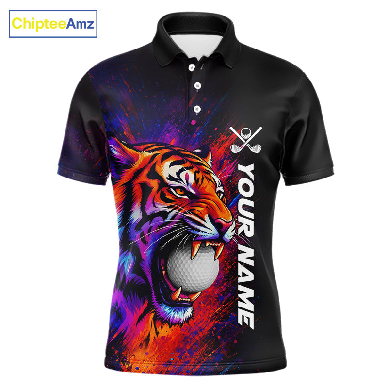 Colorful Tiger men's golf polo shirt, splatter golf apparel, tiger golf shirt, custom golf team uniform, golf gift for men