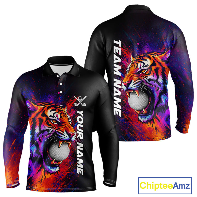Colorful Tiger men's golf long sleeves polo shirt, splatter golf apparel, tiger golf shirt, custom golf team uniform, golf gift for men