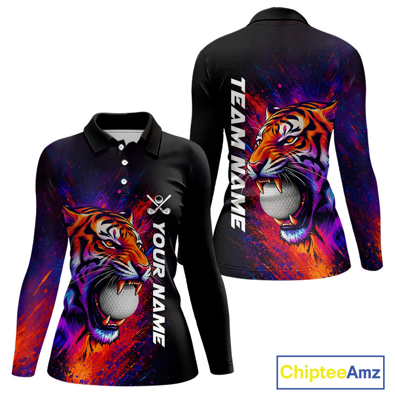 Colorful Tiger women's golf polo shirt, splatter golf apparel, tiger golf shirt, custom golf team uniform, golf gift for women