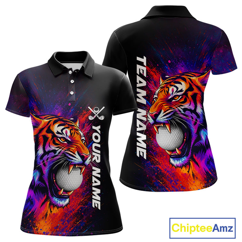 Colorful Tiger women's golf polo shirt, splatter golf apparel, tiger golf shirt, custom golf team uniform, golf gift for women