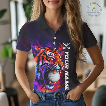 Female golfer wearing colorful tiger golf polo shirt, artistic splatter golf apparel, ladies golf outfit