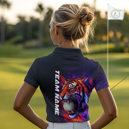 Female golfer wearing colorful tiger golf polo shirt, artistic splatter golf apparel, ladies golf outfit