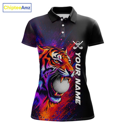 Colorful Tiger women's golf polo shirt, splatter golf apparel, tiger golf shirt, custom golf team uniform, golf gift for women