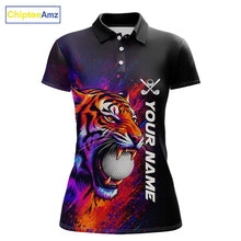 Load image into Gallery viewer, Colorful Tiger women's golf polo shirt, splatter golf apparel, tiger golf shirt, custom golf team uniform, golf gift for women