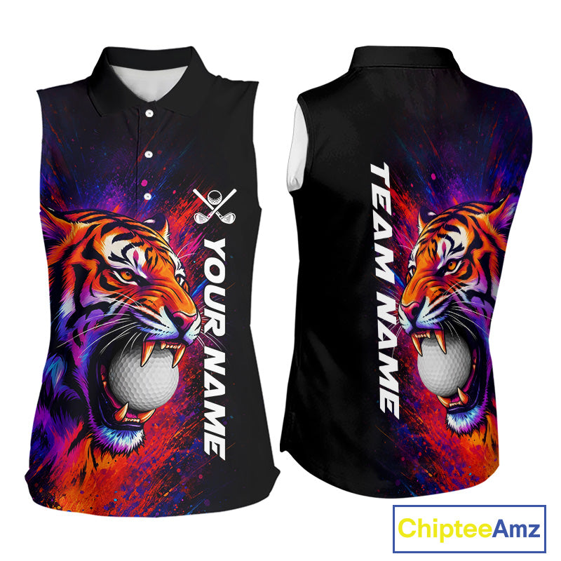 Colorful Tiger women's golf polo shirt, splatter golf apparel, tiger golf shirt, custom golf team uniform, golf gift for women
