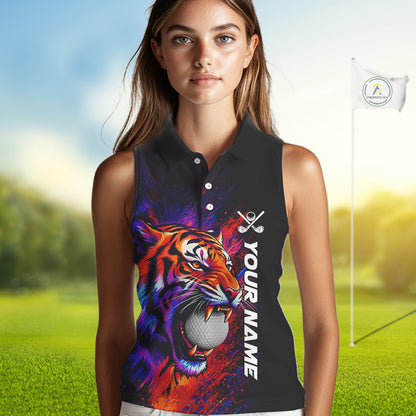 Female golfer wearing colorful tiger golf polo shirt, artistic splatter golf apparel, ladies golf outfit