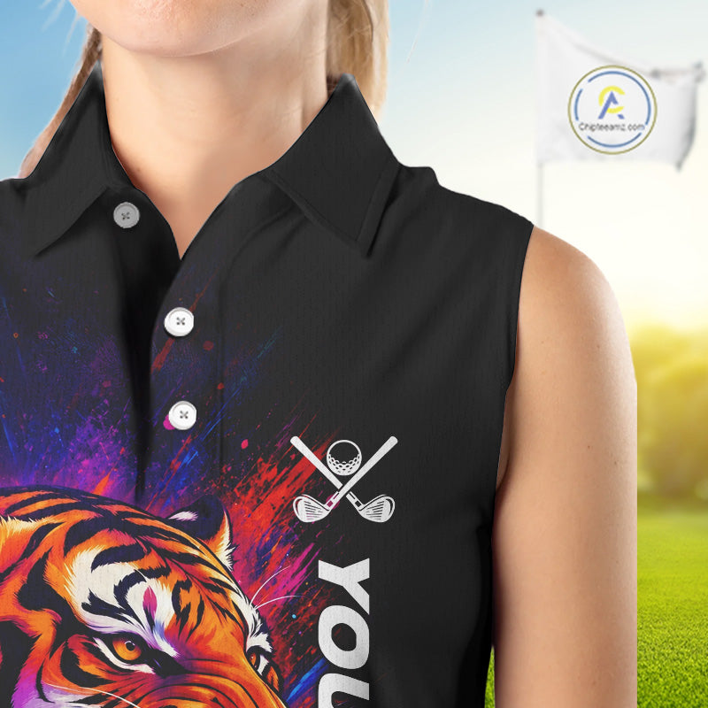 Female golfer wearing colorful tiger golf polo shirt, artistic splatter golf apparel, ladies golf outfit