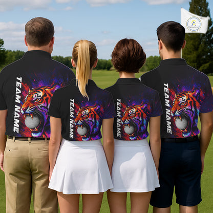 Men women golf team wearing matching colorful tiger golf polo shirts, custom golf uniforms, golf tournament apparel