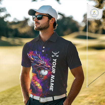 Male golfer wearing colorful dragon golf polo shirt, custom golf attire, men's golf tournament apparel