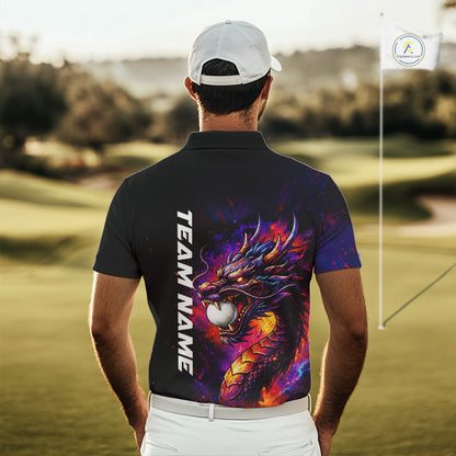 Male golfer wearing colorful dragon golf polo shirt, custom golf attire, men's golf tournament apparel