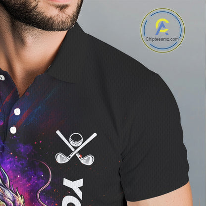 Male golfer wearing colorful dragon golf polo shirt, custom golf attire, men's golf tournament apparel