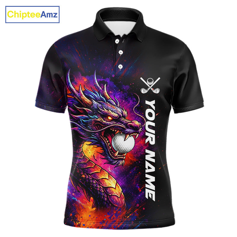 Colorful Dragon men's golf polo shirt, dragon golf apparel, splatter golf team shirt, men's golf clothing, custom golf attire