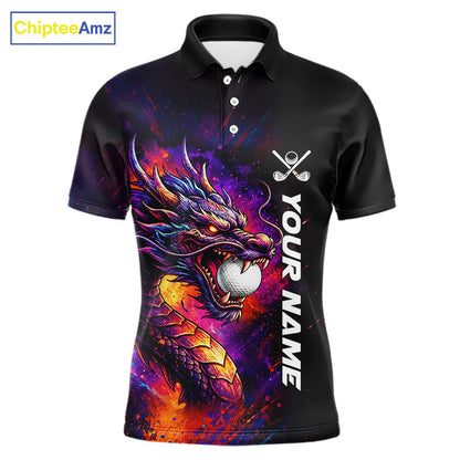 Colorful Dragon men's golf polo shirt, dragon golf apparel, splatter golf team shirt, men's golf clothing, custom golf attire