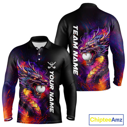 Colorful Dragon men's golf long sleeves polo shirt, dragon golf apparel, splatter golf team shirt, men's golf clothing, custom golf attire
