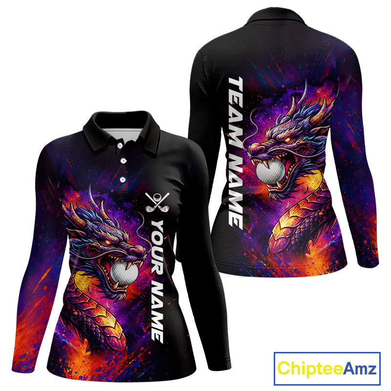 Colorful Dragon women's golf polo shirt, dragon golf apparel, splatter golf team shirt, ladies golf clothing